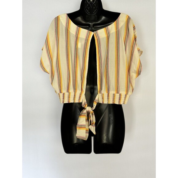 Band Of The Free NWT Boho Striped Retro Cream Women’s Cropped Blouse Tie Back L - Picture 3 of 7